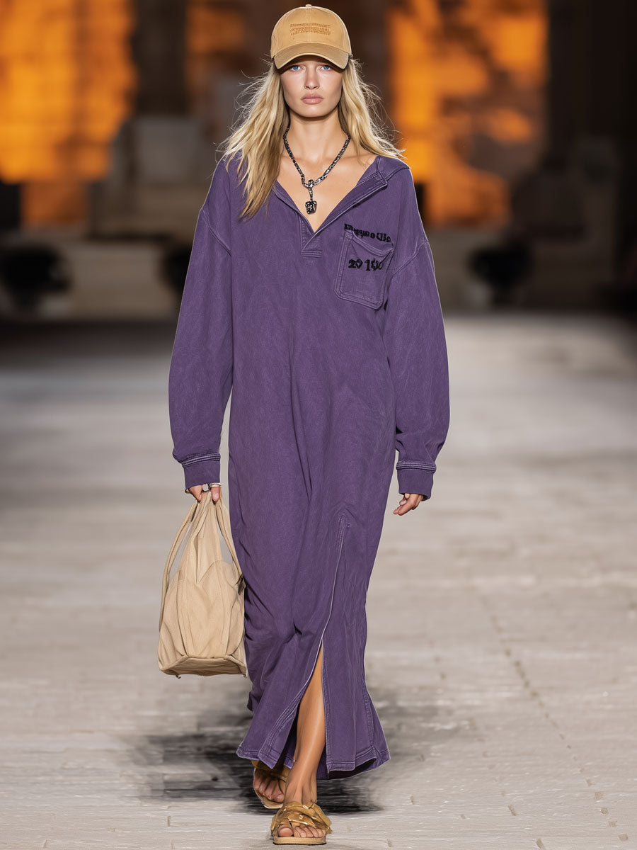 Rétro Violet : Robe Maxi Sportive Décontractée à Manches Longues et Capuche avec Fente