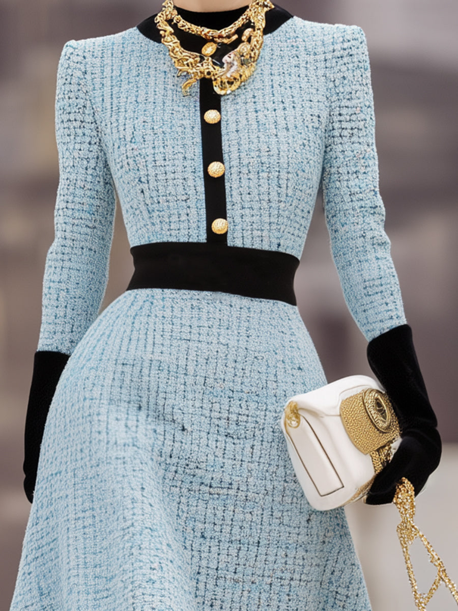 Robe Maxi en Tweed Bleu Élégante avec Détails Noir, Col Rond et Jupe Flottante