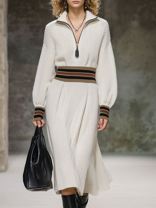 Robe Midi Tricotée Blanche à Rayures Vintage - Style Décontracté