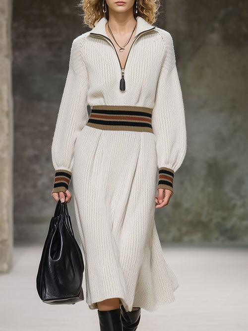 Robe Midi Rétro Striée en Tricot Blanc - Style Décontracté