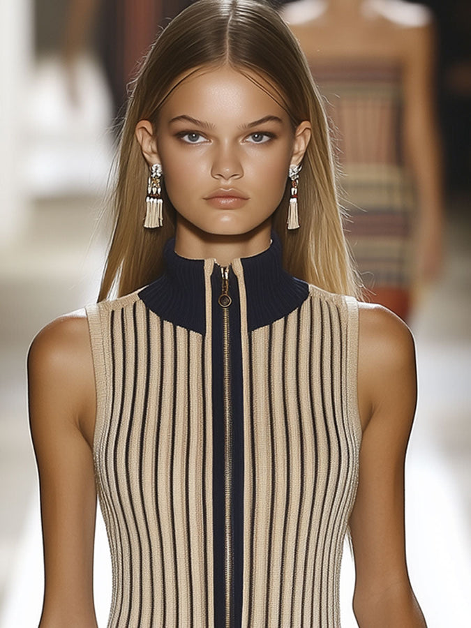 Robe Mini Sans Manches en Tricot à Rayures Contrastées – Style Rétro Décontracté, Expédition Rapide en 24h