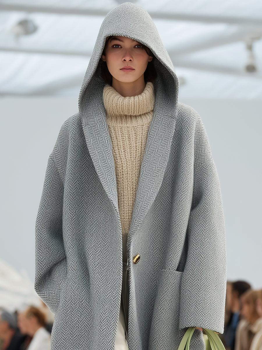 Veste à Capuche Chic en Mélange de Laine Herringbone Gris Clair