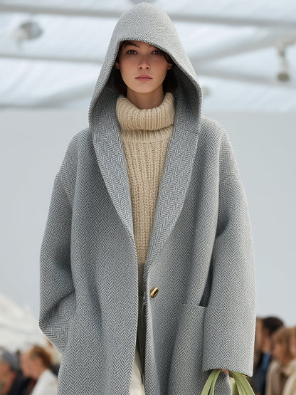 Veste à Capuche Chic en Mélange de Laine Herringbone Gris Clair