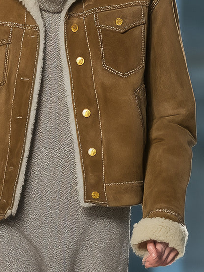 Veste Vintage en Similicuir Brun avec Revers