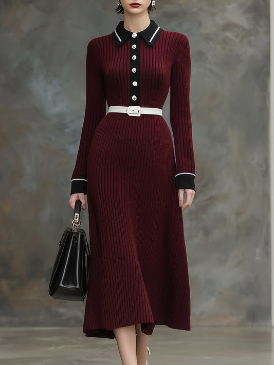 Robe Maxi en Angora Rouge avec Détails Noirs