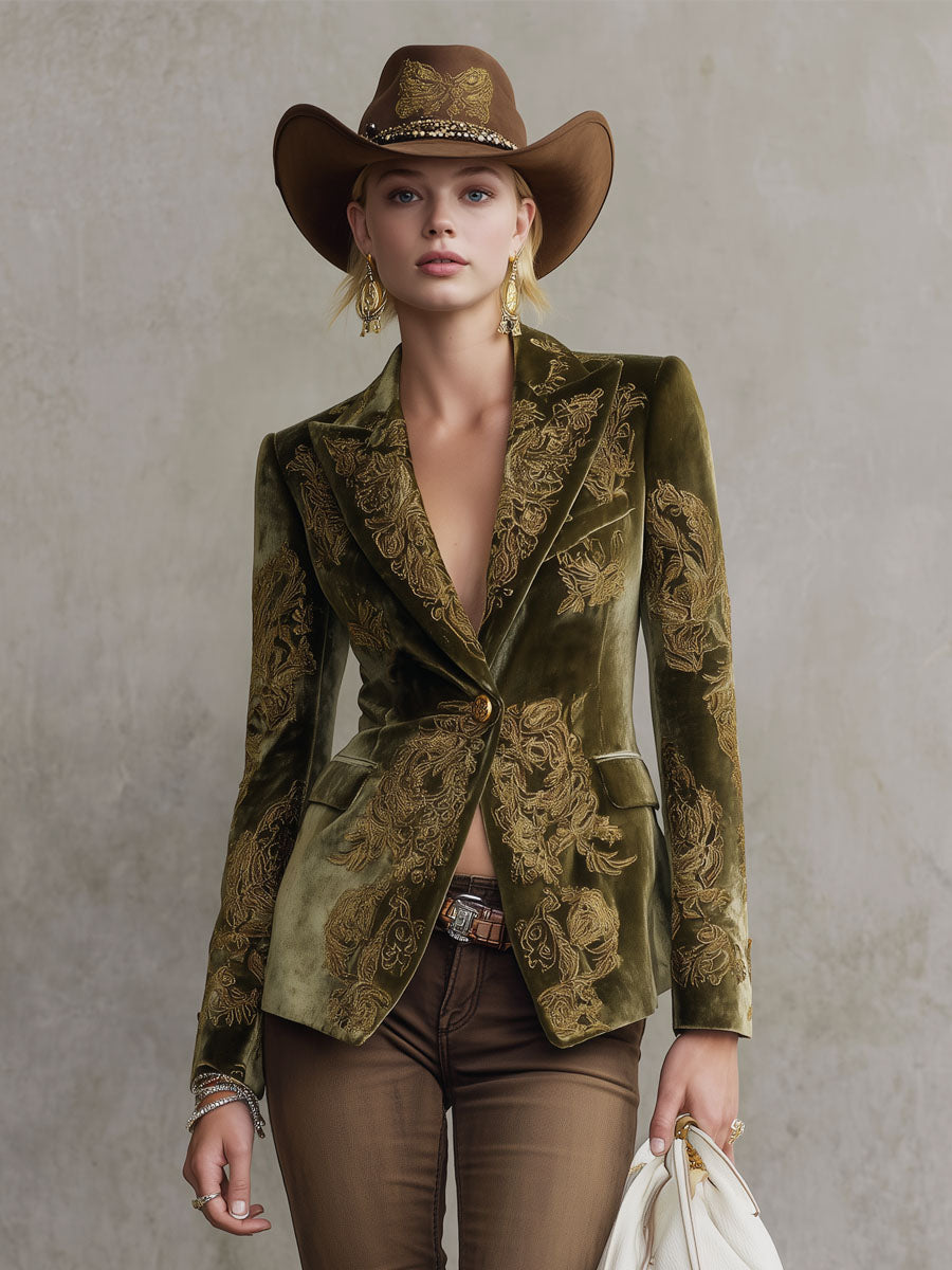 Veste en velours floral rétro décontractée avec bouton