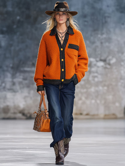 Veste en polaire orange avec bordure en ruban - Style nomade urbain rétro