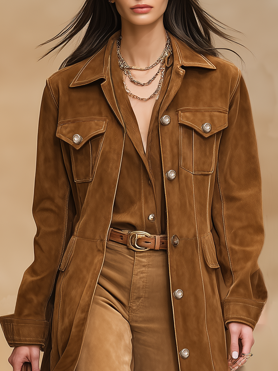 Veste Mi-Longue en Faux Suède avec Poches Multiples au Style Rétro