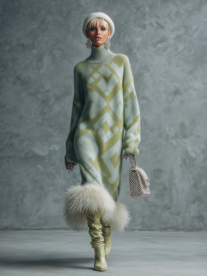 Robe Maxi Tricotée Verte Élégante avec Manches Longues et Ourlet en Fourrure Synthétique Luxe