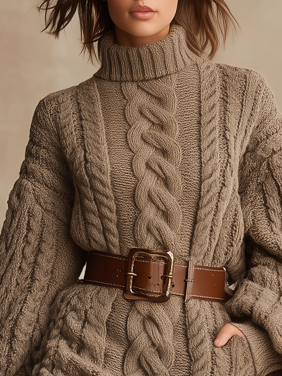 Robe Vintage Mini en Tricot à Câbles avec Col Roulé et Manches Longues