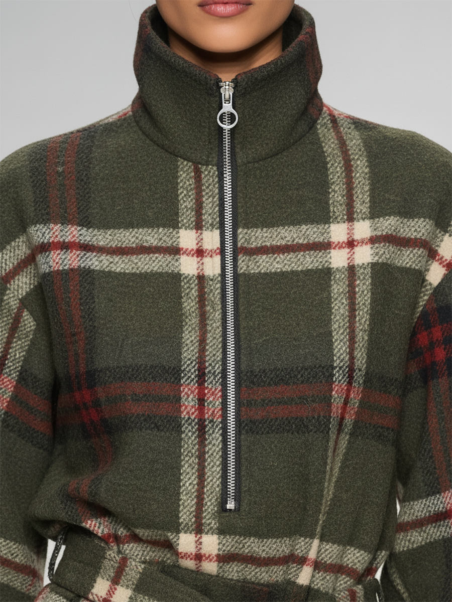 Robe Vintage à Carreaux avec Col Zippé et Manches Longues