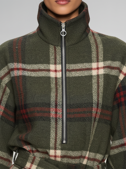 Robe Vintage à Carreaux avec Col Zippé et Manches Longues