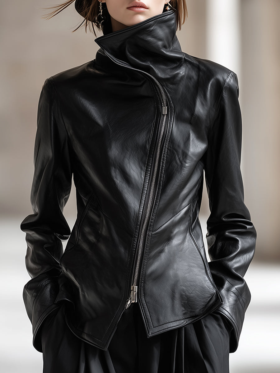 Veste en PU Noir avec Col Haut et Zip Latéral Chic
