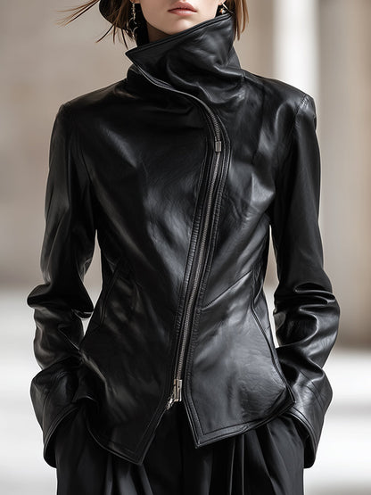 Veste Noir en PU avec Col Montant et Fermeture Éclair Asymétrique