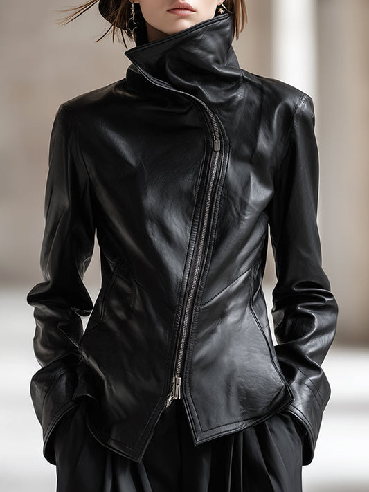 Veste Noir en PU avec Col Montant et Fermeture Éclair Asymétrique