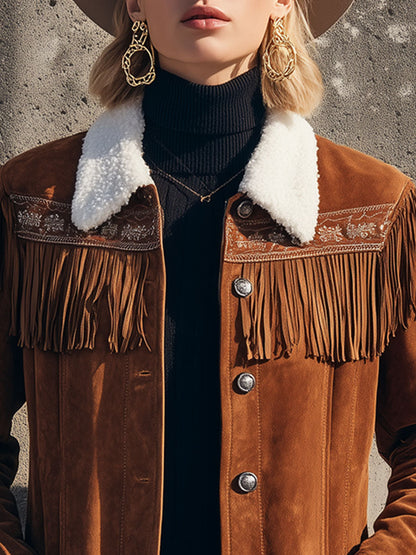 Veste Western en Suédine Brodée avec Col Sherpa