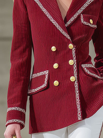 Veste en velours côtelé à col décontracté, double boutonnage et finitions contrastées