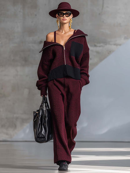 Ensemble Tricot Bordeaux Élégant : Veste Zippée, Col Chic, Top Convertible et Pantalon