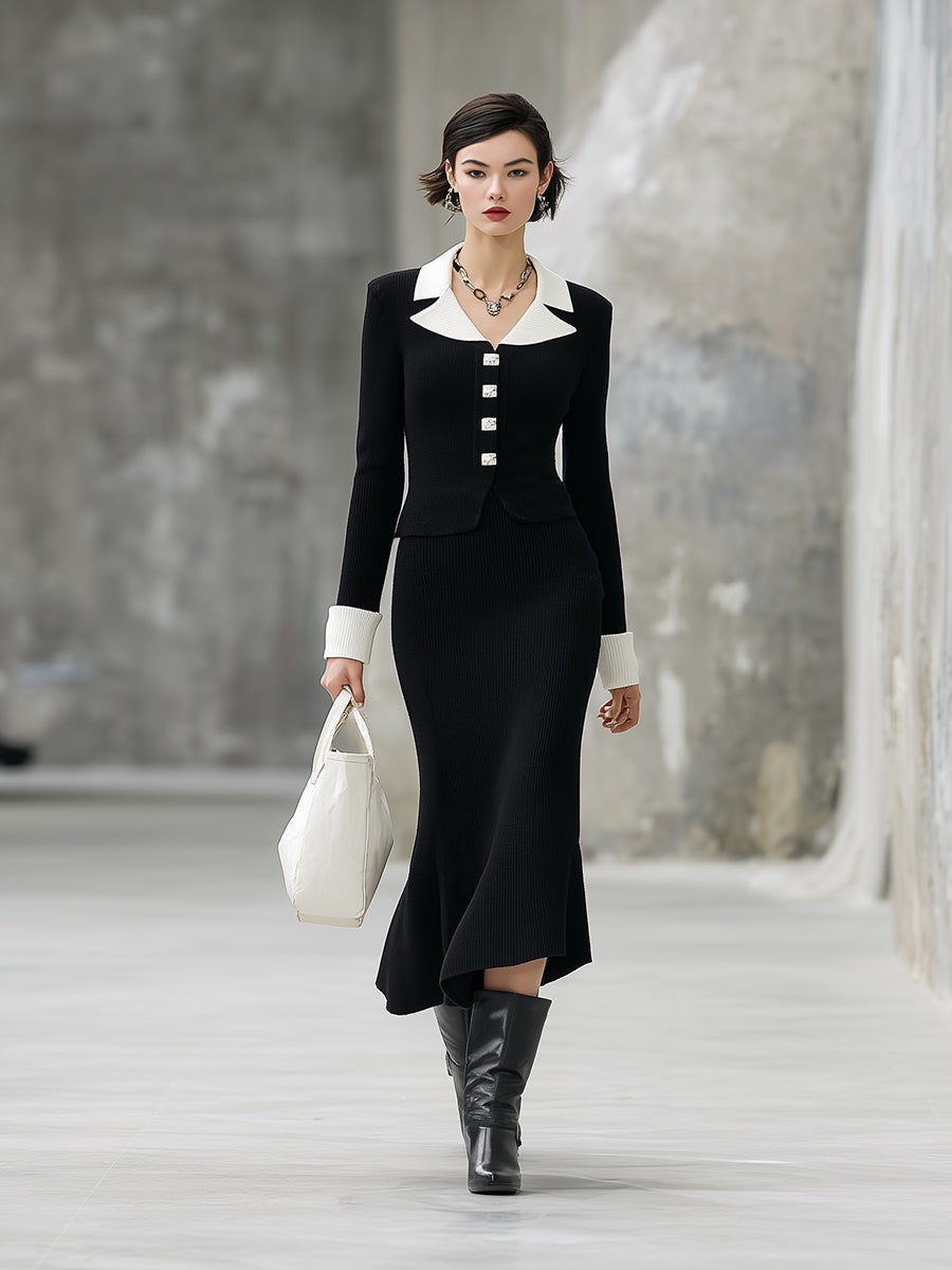 Ensemble Chic : Cardigan et Jupe Tricot Noir avec Détails en Boutons Blancs