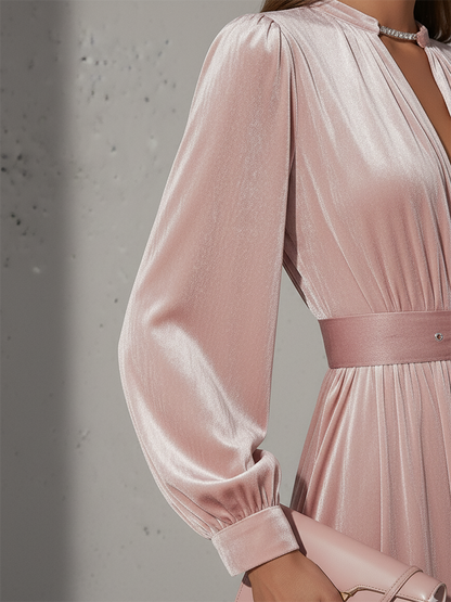 Robe Maxi en Velours Chic Rétro avec Col Rond et Manches Longues