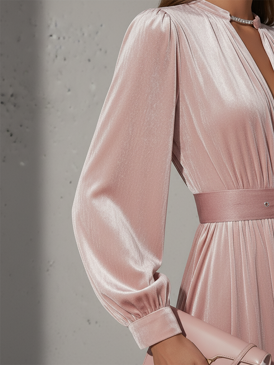 Robe Maxi Rétro en Velours Élégante avec Col Rond et Manches Longues