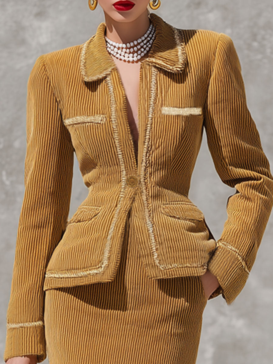 Blazer en Velours Côtelé avec Ourlet Contrastant et Bouton Unique