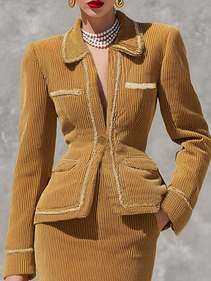 Blazer en Velours Côtelé avec Ourlet Contrastant et Bouton Unique