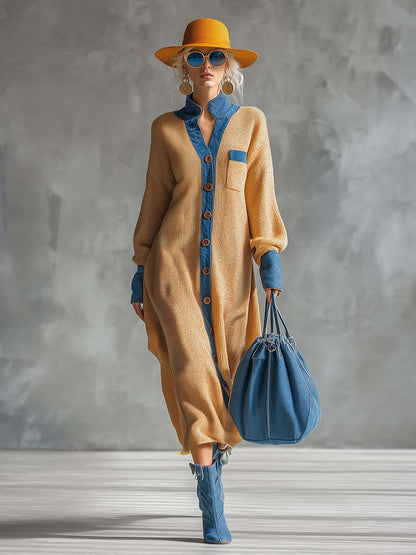Robe Maxi Tricotée Style Cardigan avec Éléments en Denim - Teinte Gingembre