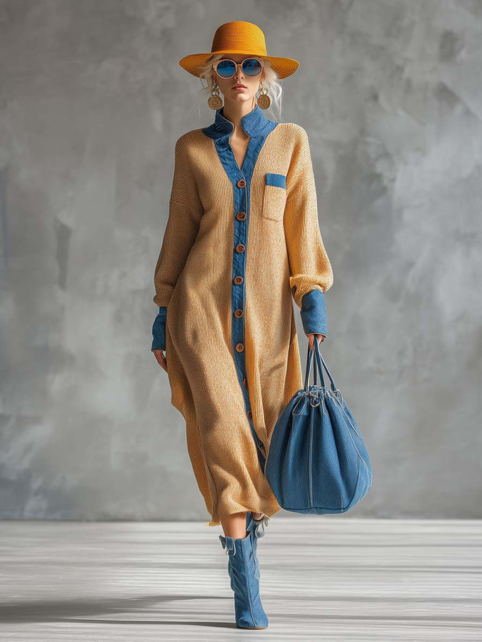 Cardigan Maxi Tricoté avec Bordures en Denim - Teinte Gingembre