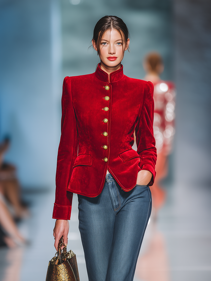 Veste Vintage en Velours Élégante avec Col Montant et Détails en Métal