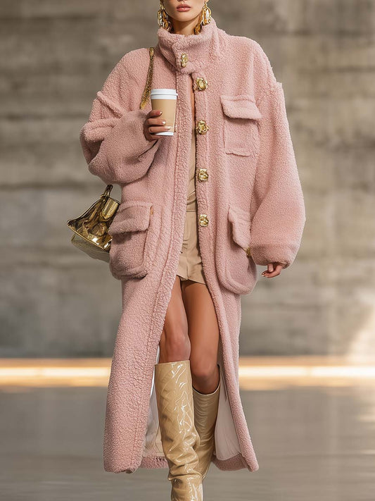 Exquis Manteau Vintage en Polaire Rose avec Boutons et Col Haut