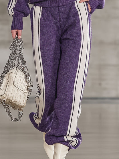 Ensemble Sportif Casual Violet avec Pull Tricoté à Demi-Zip et Pantalon