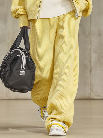 Ensemble Chic en Tricot : Cardigan Zippé à Col Montant et Pantalons à Jambe Large