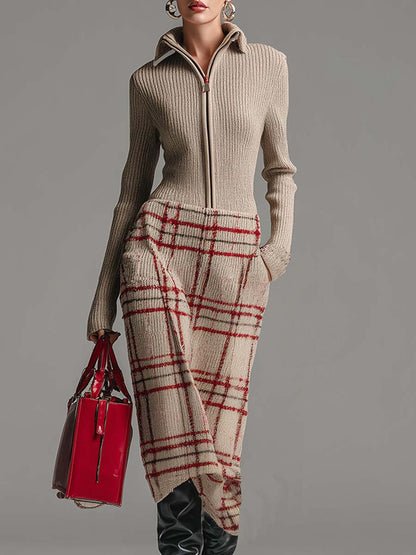 Robe Midi Vintage Abricot à Carreaux Élégante avec Zip