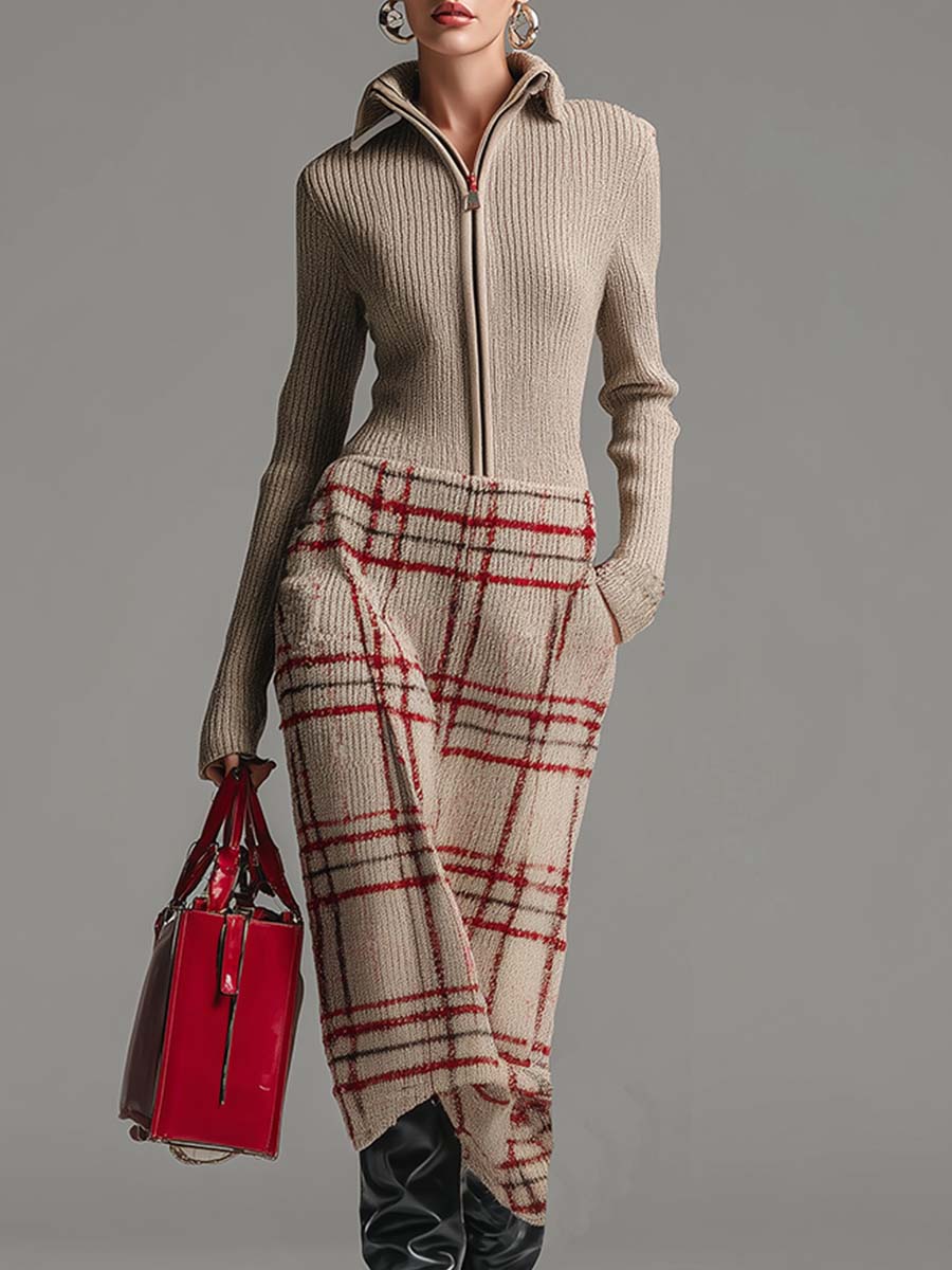 Robe Midi Évasée Vintage Abricot à Carreaux avec Zip Élégant