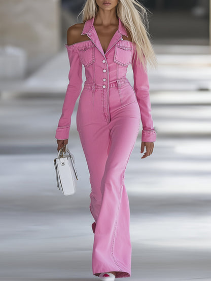 Combinaison en denim rose tendance, personnalisable, avec col décolleté et manches longues évasées