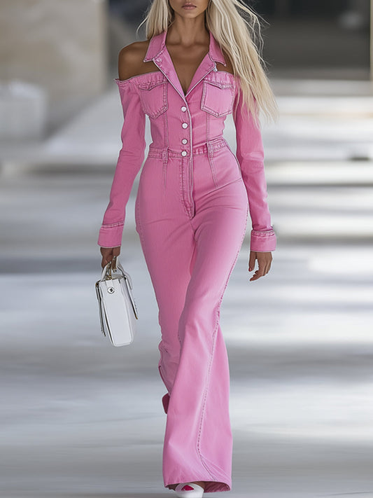 Combinaison Flare en Jean Rose Personnalisée avec Col Revers et Manches Longues Sans Épaules" 

---

Here’s a more captivating title: 

"Combinaison Flare en Jean Rose Personnalisée : Élégance Sans Épaules avec Col Revers et Manches Longues