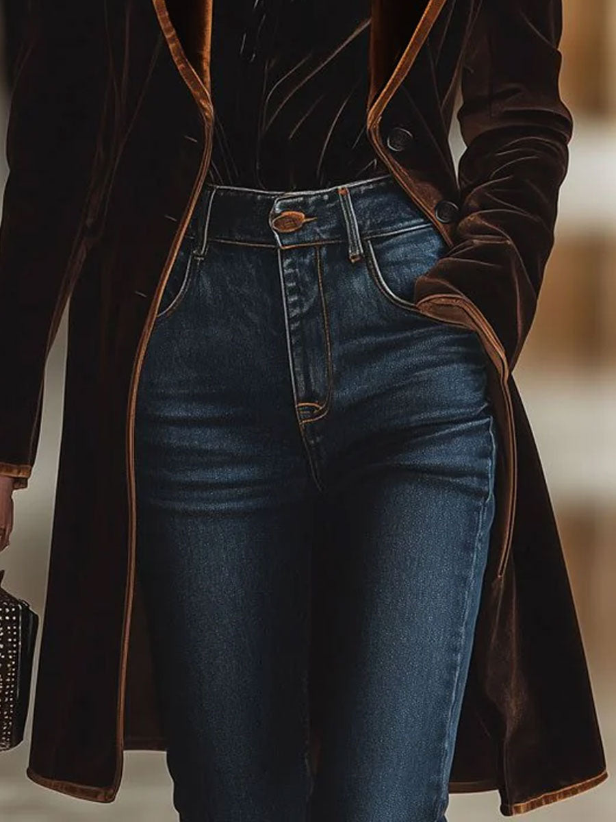 Veste Vintage en Velours Ample avec Col et Poches - Style Décontracté à Blocs de Couleurs