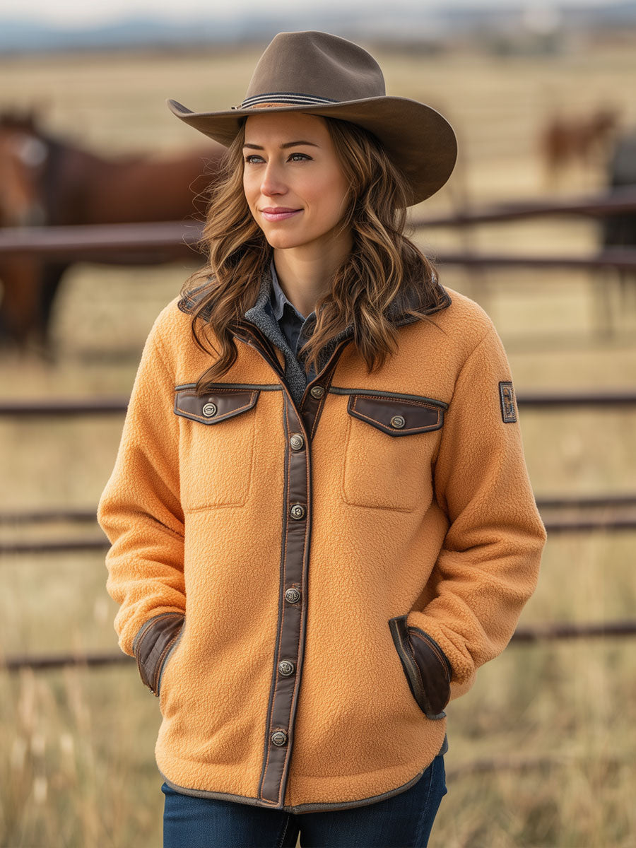 Veste Polaire Orange au Style Rétro Occidental avec Détails en PU