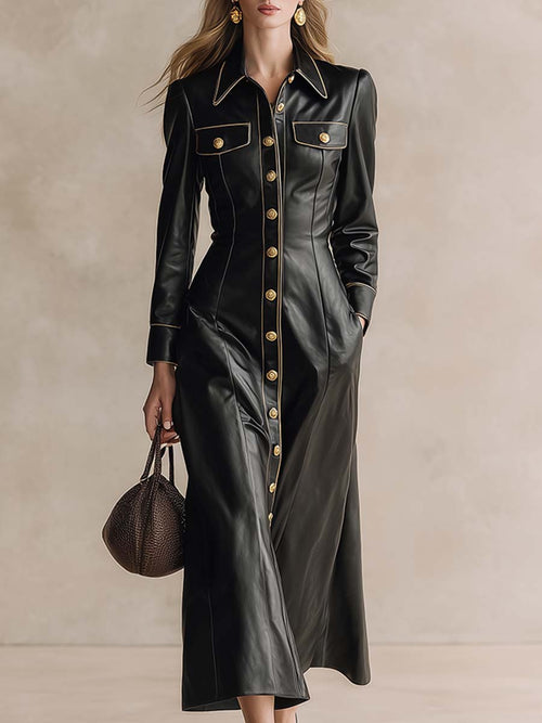 Robe Maxi Noire en PU avec Boutons Frontaux et Col Tendance