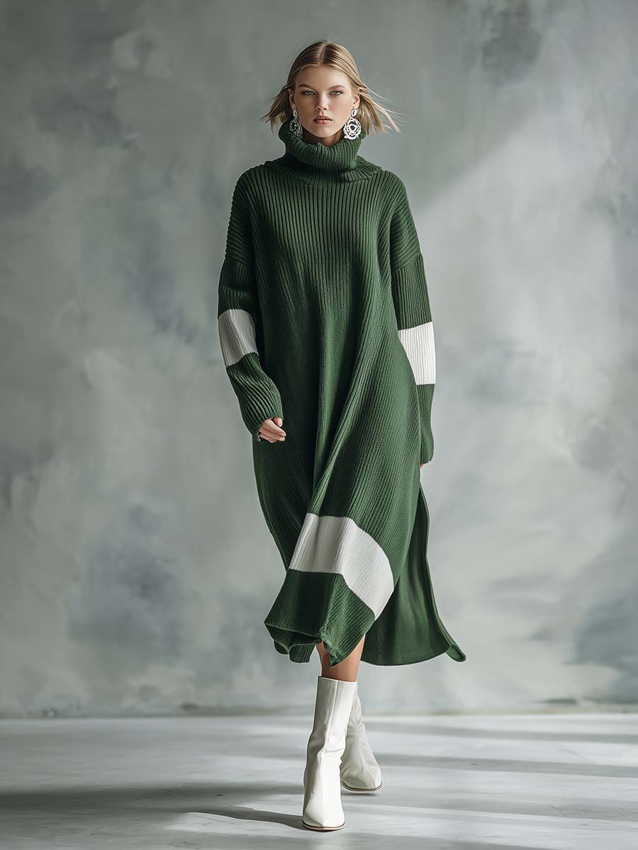 Élégante Robe Maxi Tricotée Verte à Col Montant avec Détails Contrastés