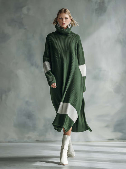Élégante Robe Maxi Tricotée Verte à Col Montant avec Détails Contrastés