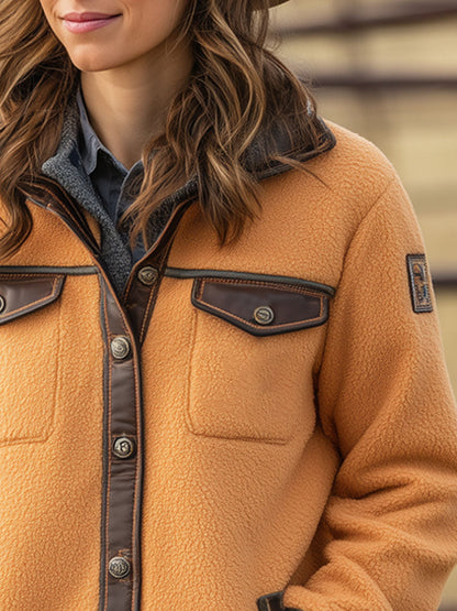 Veste Polaire Orange au Style Rétro Occidental avec Détails en PU