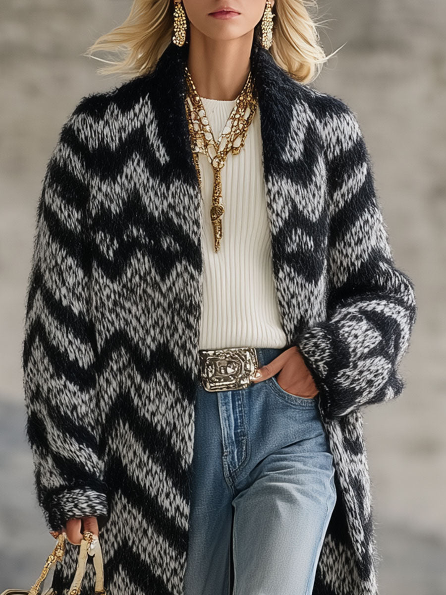 Cardigan Rétro à Rayures Zigzag Noir et Blanc