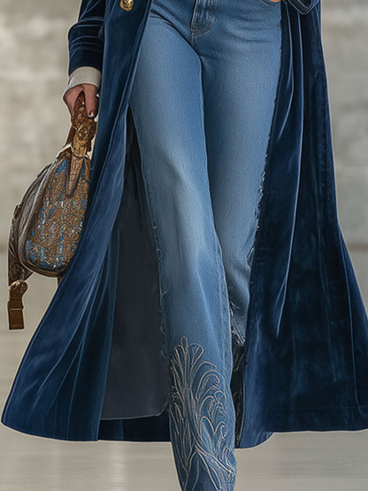 Long Marine Velvet Coat with Retro Fur Collar