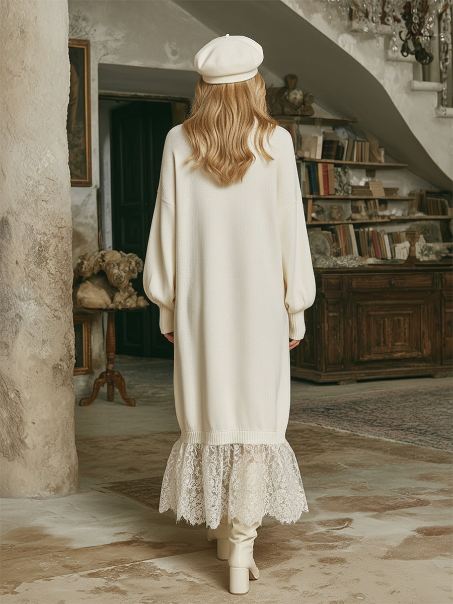 Robe Maxi Tricotée Blanche avec Élégant Col en Dentelle en Forme de Feuille de Lotus