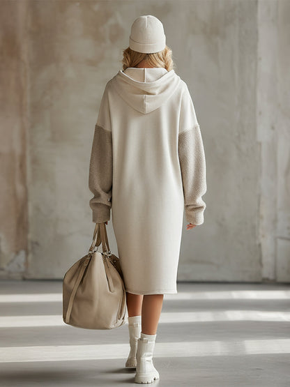 Chic et Confort : Robe Midi en Polaire Beige à Capuche et Manches Amples