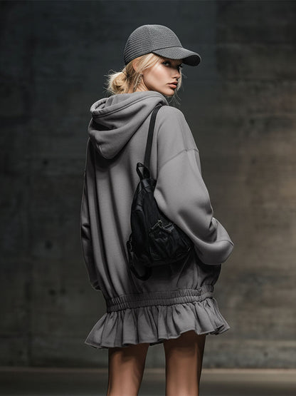 Robe Mini Sweat Grise à Capuche avec Ourlet Élastique - Style Décontracté et Tendance