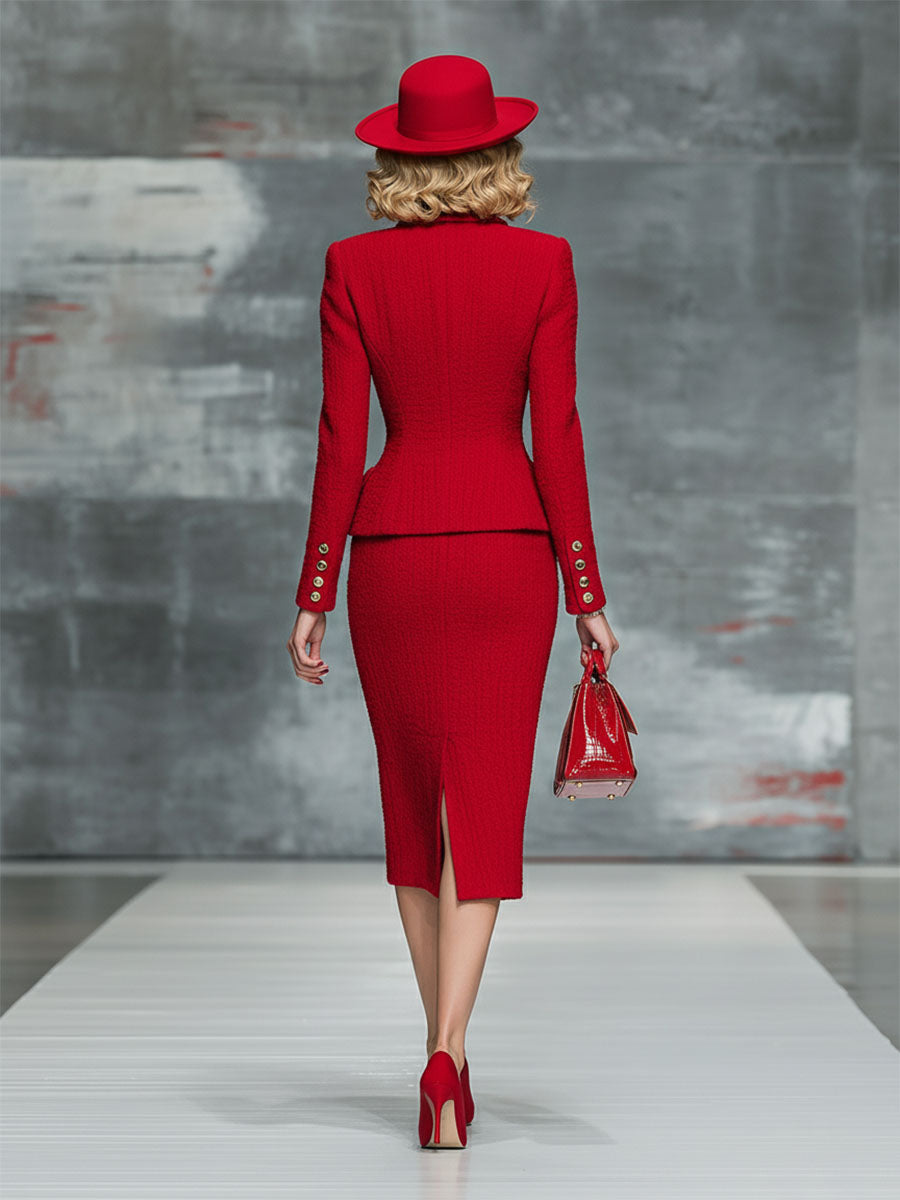 Ensemble Chic et Moderne : Haut et Jupe Texturée Rouge avec Détails en Bouton Cœur