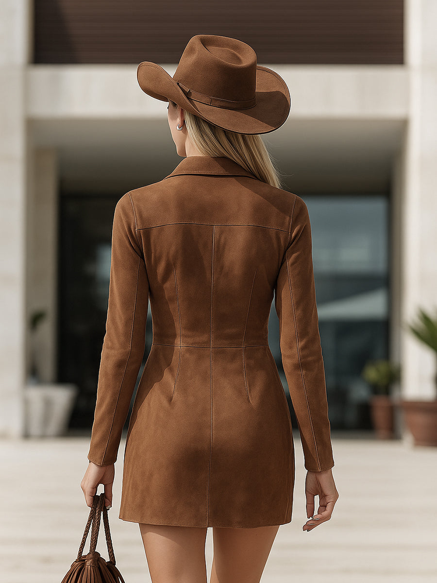 Robe Mini en Suède Marron à Franges et Broderies Western Vintage à Manches Longues